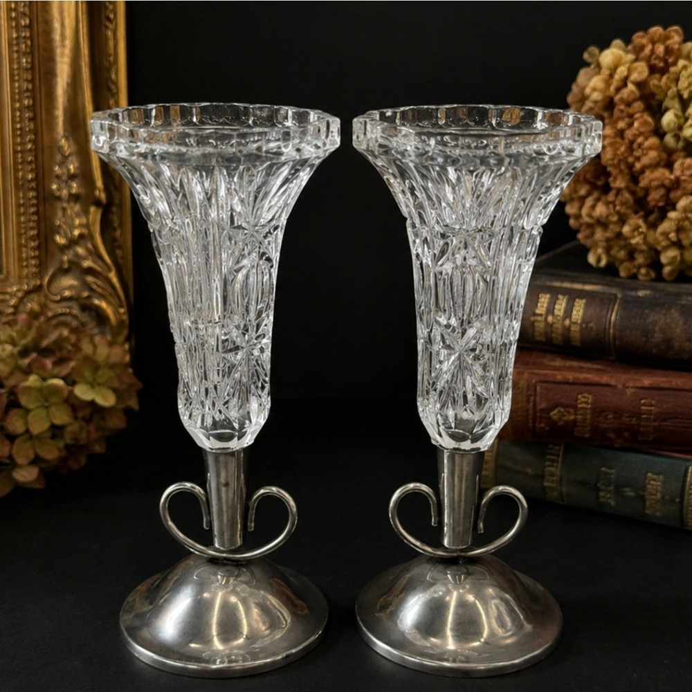 Vintage Cut Glass Candle Holders Pair Silver Tone Art Deco Wedding‎ Decor